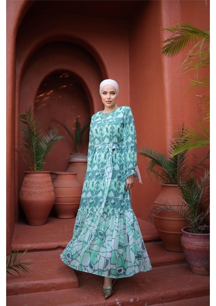 Boncuk Aksesuarlı Belden Bağcıklı Desenli Uzun Şifon Elbise - 50007.100 - Çağla Yeşili