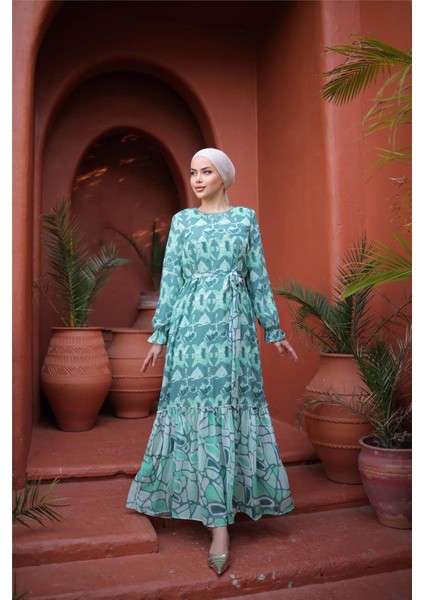 Boncuk Aksesuarlı Belden Bağcıklı Desenli Uzun Şifon Elbise - 50007.100 - Çağla Yeşili modelleri