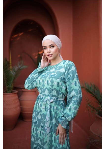 Boncuk Aksesuarlı Belden Bağcıklı Desenli Uzun Şifon Elbise - 50007.100 - Çağla Yeşili fırsatları