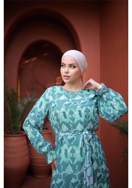 Boncuk Aksesuarlı Belden Bağcıklı Desenli Uzun Şifon Elbise - 50007.100 - Çağla Yeşili indirimleri