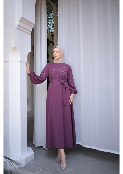 Taş Desenli Belden Bağlamalı Uzun Elbise - 71197.013 - Mor