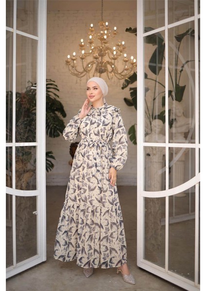 Yaprak Desenli Belden Bağcıklı Uzun Şifon Elbise - 50009.003 - Siyah modelleri