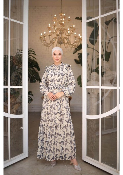 Yaprak Desenli Belden Bağcıklı Uzun Şifon Elbise - 50009.003 - Siyah fırsatları