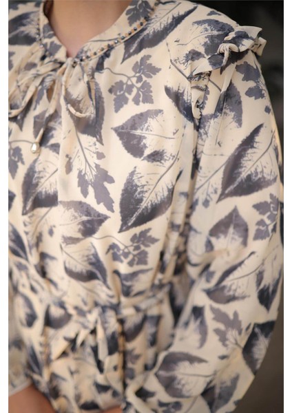 Yaprak Desenli Belden Bağcıklı Uzun Şifon Elbise - 50009.003 - Siyah indirimleri