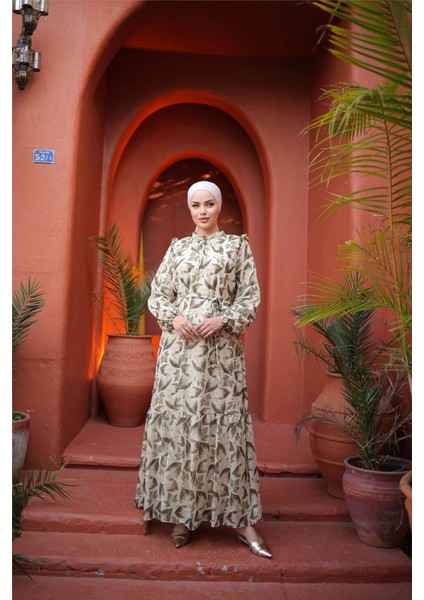 Yaprak Desenli Belden Bağcıklı Uzun Şifon Elbise - 50009.001 - Yeşil