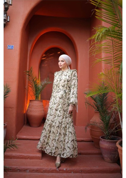 Yaprak Desenli Belden Bağcıklı Uzun Şifon Elbise - 50009.001 - Yeşil fiyatları