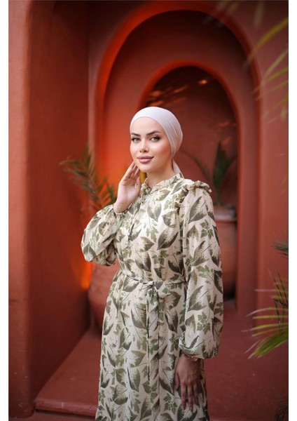 Yaprak Desenli Belden Bağcıklı Uzun Şifon Elbise - 50009.001 - Yeşil modelleri