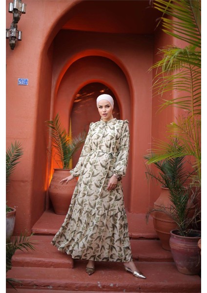 Yaprak Desenli Belden Bağcıklı Uzun Şifon Elbise - 50009.001 - Yeşil fırsatları