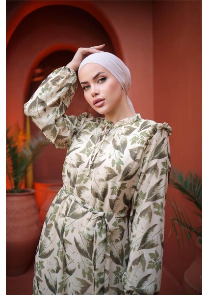 Yaprak Desenli Belden Bağcıklı Uzun Şifon Elbise - 50009.001 - Yeşil indirimleri