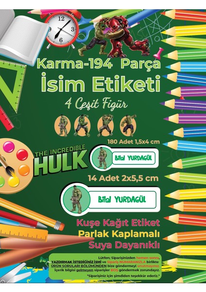 Okul Etiketi Kalem Defter Etiketi, Hulk Etiketi - 194 Adet Kuşe Sticker fiyatları