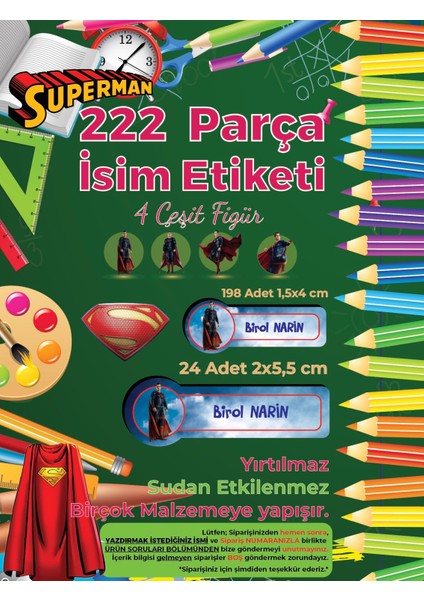 Okul Etiketi Kalem Defter Etiketi, Supermen Etiketi - 194 Adet Kuşe Sticker fiyatları