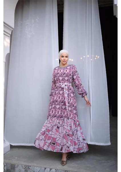 Boncuk Aksesuarlı Belden Bağcıklı Desenli Uzun Şifon Elbise - 50007.048 - Soğan