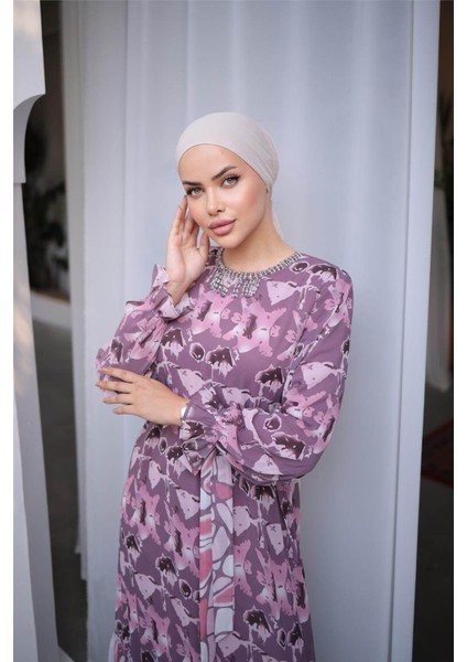 Boncuk Aksesuarlı Belden Bağcıklı Desenli Uzun Şifon Elbise - 50007.048 - Soğan modelleri