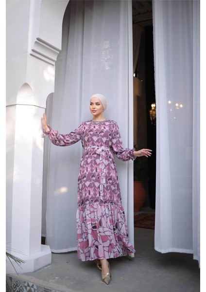 Boncuk Aksesuarlı Belden Bağcıklı Desenli Uzun Şifon Elbise - 50007.048 - Soğan fırsatları