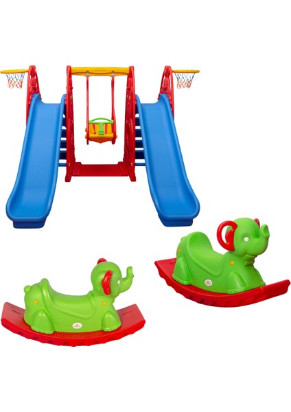 2 Kaydırak 1 Salıncak + 2 Sallanan Fil - Çocuk Oyun Parkı Seti - Anaokulu & Kreş Eğlencesi
