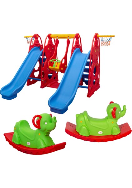 2 Kaydırak 1 Salıncak + 2 Sallanan Fil - Çocuk Oyun Parkı Seti - Anaokulu & Kreş Eğlencesi