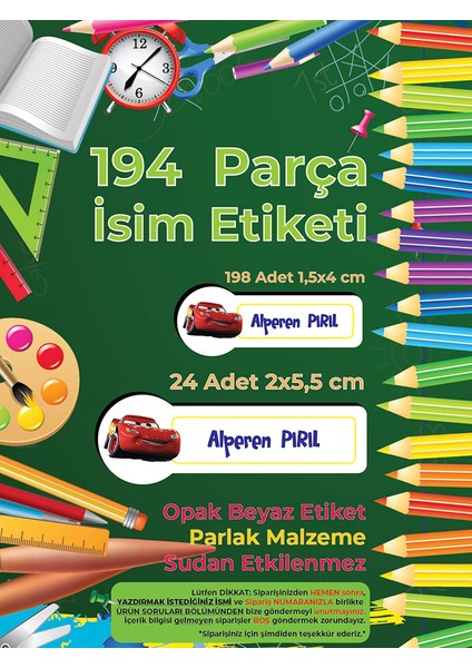 Okul Etiketi Kalem Defter Etiketi, Şimşek Macqueen- 194 Adet Opak Sticker modelleri