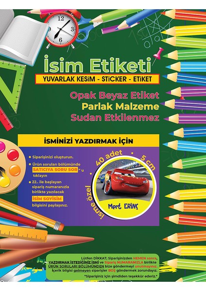 Okul Etiketi Kalem Defter Etiketi, Şimşek Macqueen- 40 Adet 5cm Opak Sticker modelleri