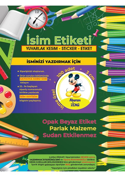 Okul Etiketi Kalem Defter Etiketi, Mickey Mouse Etiketi - 100 Adet 3cm Opak Sticker modelleri