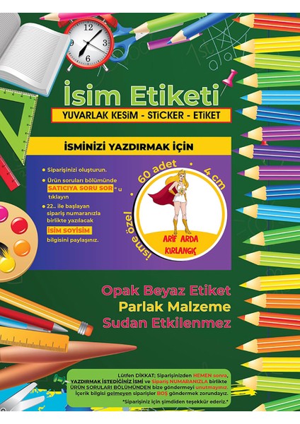 Okul Etiketi Kalem Defter Etiketi, She-Ra Okul Etiketi - 60 Adet 4cm Opak Sticker modelleri