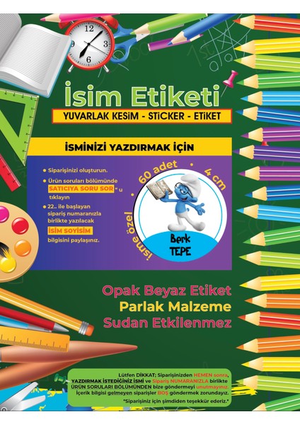 Okul Etiketi Kalem Defter Etiketi, Şirinler V3 Etiketi - 60 Adet 4cm Opak Sticker modelleri