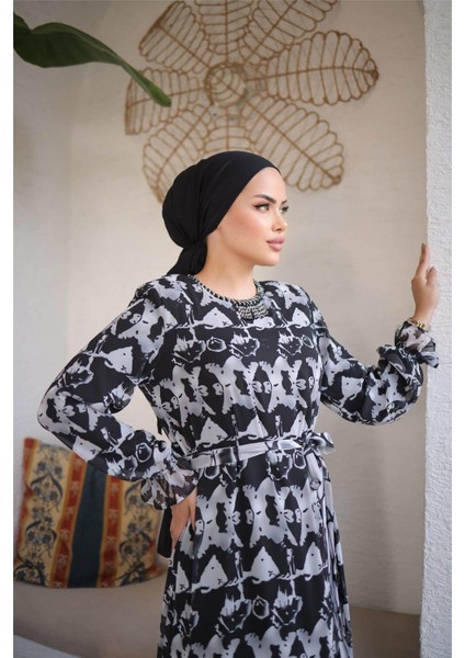 Boncuk Aksesuarlı Belden Bağcıklı Desenli Uzun Şifon Elbise - 50007.003 - Siyah fiyatları