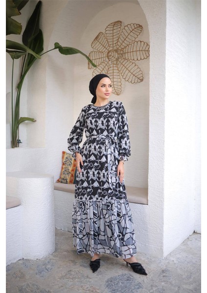 Boncuk Aksesuarlı Belden Bağcıklı Desenli Uzun Şifon Elbise - 50007.003 - Siyah modelleri