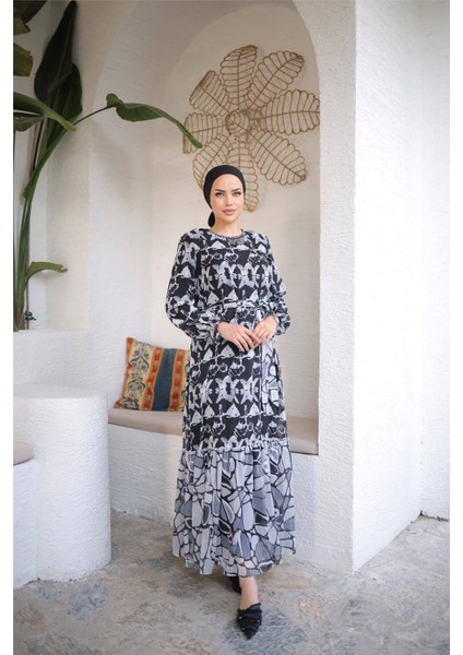 Boncuk Aksesuarlı Belden Bağcıklı Desenli Uzun Şifon Elbise - 50007.003 - Siyah fırsatları