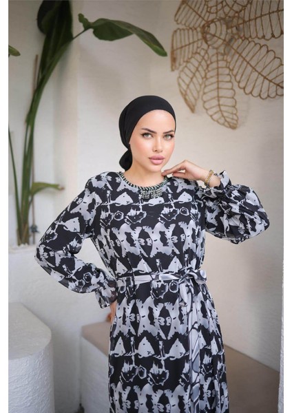 Boncuk Aksesuarlı Belden Bağcıklı Desenli Uzun Şifon Elbise - 50007.003 - Siyah indirimleri
