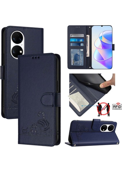 Huawei P50 Pro Için Kedi Sıçan Kabartmalı Rfıd Kılıf (Yurt Dışından)