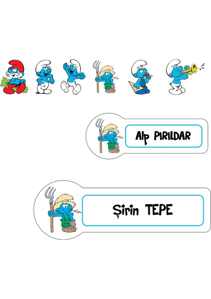 Okul Etiketi Kalem Defter Etiketi, Şirinler V1 Etiketi - 60 Adet 4cm Opak Sticker