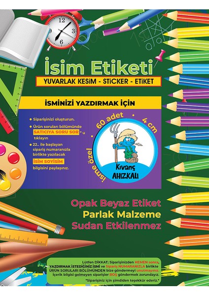 Okul Etiketi Kalem Defter Etiketi, Şirinler V1 Etiketi - 60 Adet 4cm Opak Sticker modelleri