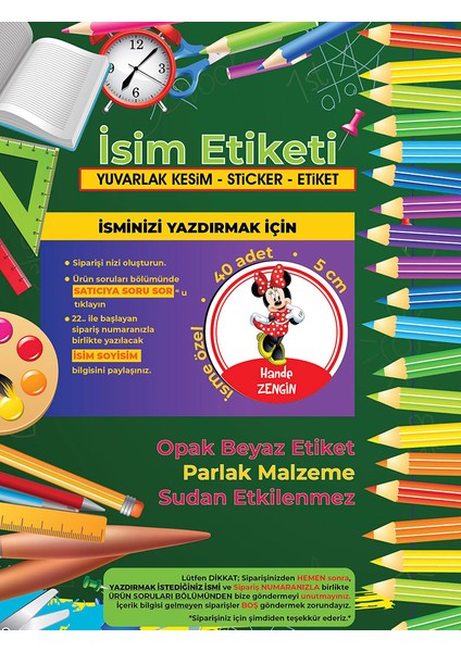 Okul Etiketi Kalem Defter Etiketi, Minnie Mouse Etiketi - 40 Adet 5cm Opak Sticker modelleri