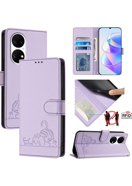 Huawei P50 Pro Için Kedi Sıçan Kabartmalı Rfıd Kılıf (Yurt Dışından)