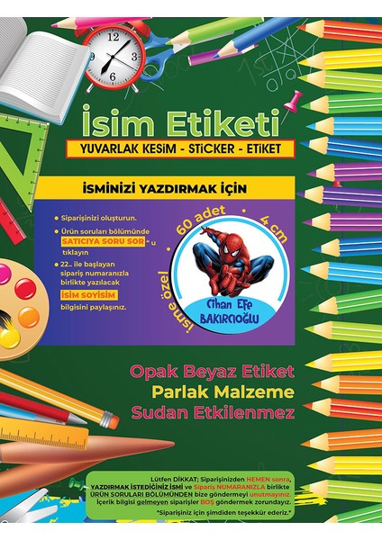 Okul Etiketi Kalem Defter Etiketi, Örümcek Adam, Spider Man - 60 Adet 4cm Opak Sticker modelleri