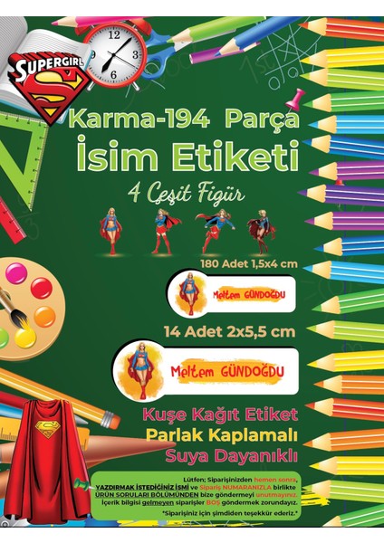 Okul Etiketi Kalem Defter Etiketi, Supergirl Etiketi - 194 Adet Kuşe Sticker fiyatları