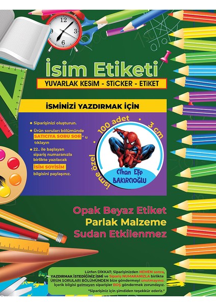Okul Etiketi Kalem Defter Etiketi, Örümcek Adam, Spider Man - 100 Adet 3cm Opak Sticker modelleri
