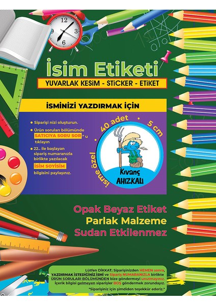 Okul Etiketi Kalem Defter Etiketi, Şirinler V1 Etiketi - 40 Adet 5cm Opak Sticker modelleri