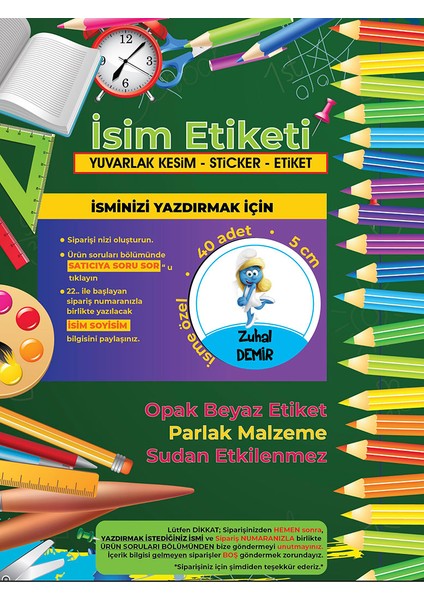 Okul Etiketi Kalem Defter Etiketi, Şirinler V4 Etiketi - 40 Adet 5cm Opak Sticker modelleri
