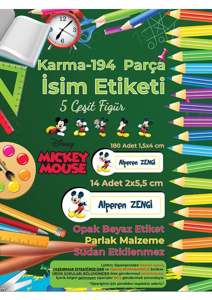 Okul Etiketi Kalem Defter Etiketi, Mickey Mouse Etiketi - 194 Adet Opak Sticker modelleri