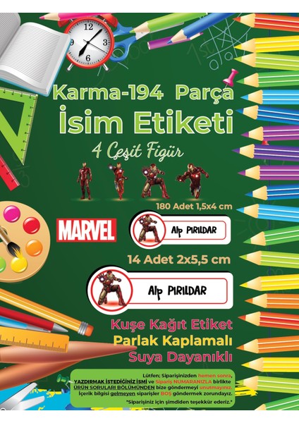 Okul Etiketi Kalem Defter Etiketi, Ironman Etiketi - 194 Adet Kuşe Sticker fiyatları