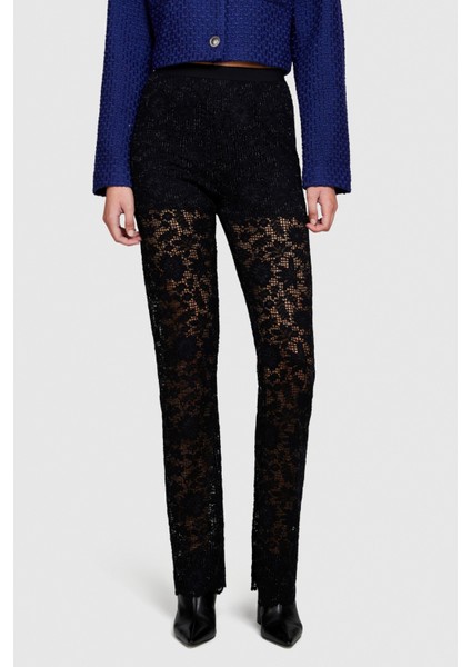 Yün Karışımlı Yüksek Bel Dantel Efektli Pantolon Kadın Siyah T-Shirt - 323A48C6LF03W indirimleri