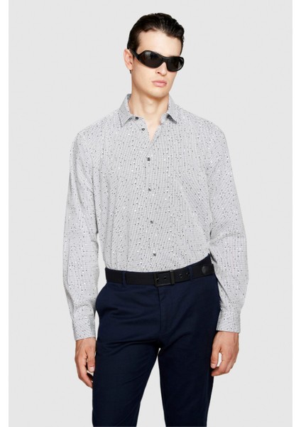 %100 Koton Desenli Poplin Gömlek Erkek Gri Gömlek - 323A597RSQ02S