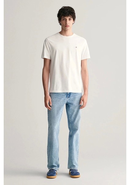 Erkek Beyaz Regular Fit Bisiklet Yaka Logolu T-Shirt