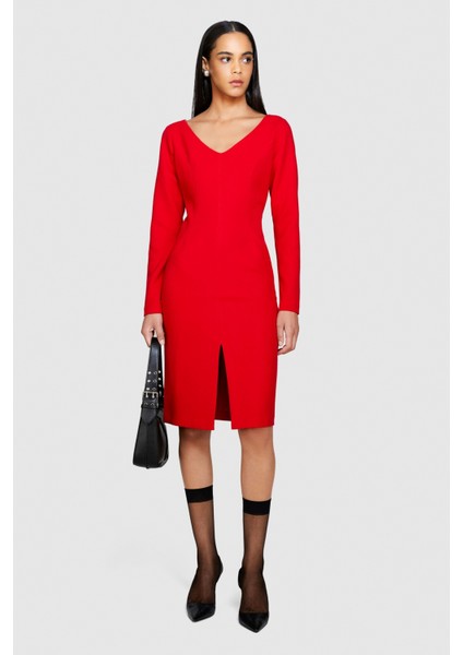 Viskoz Karışımlı V Yaka Uzun Kollu Crep Elbise Kadın Kırmızı T-Shirt - 323A43Q3LV04P