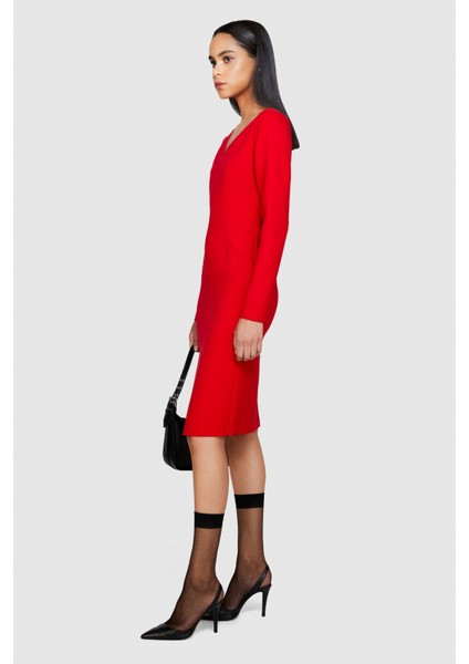 Viskoz Karışımlı V Yaka Uzun Kollu Crep Elbise Kadın Kırmızı T-Shirt - 323A43Q3LV04P modelleri