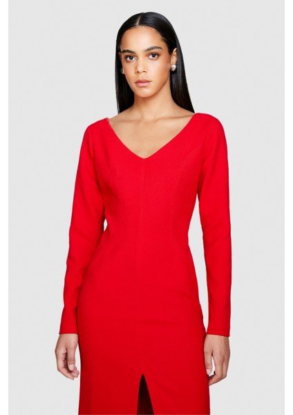Viskoz Karışımlı V Yaka Uzun Kollu Crep Elbise Kadın Kırmızı T-Shirt - 323A43Q3LV04P indirimleri