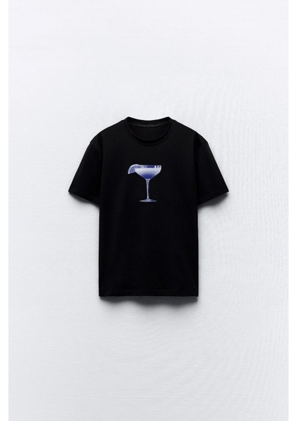 Kokteyl Kadeh Tasarım Baskılı Siyah Kadın T-Shirt