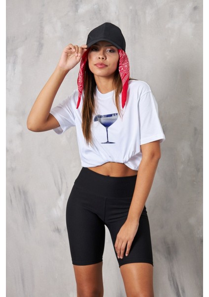 Kokteyl Kadeh Tasarım Baskılı Beyaz Kadın T-Shirt