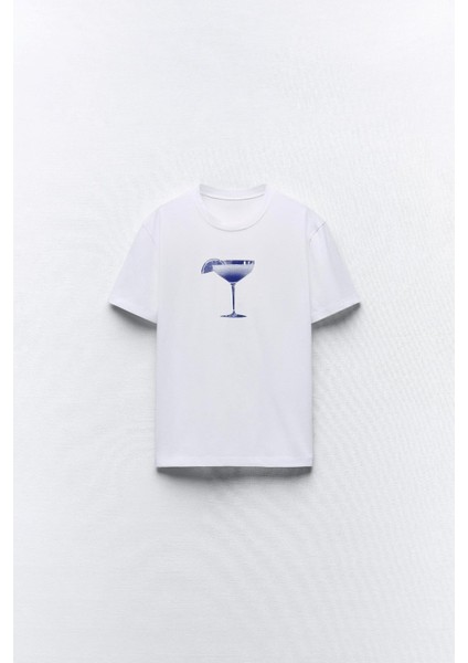 Kokteyl Kadeh Tasarım Baskılı Beyaz Kadın T-Shirt modelleri